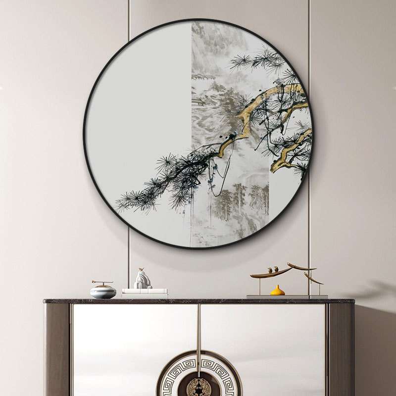 新中式玄关装饰画圆形入户走廊过道挂画客厅圆形餐厅壁画茶室画图片