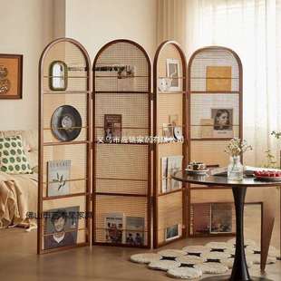 折屏藤编屏风隔断客厅实木折叠可移动小户型遮挡入户民宿杂志书架