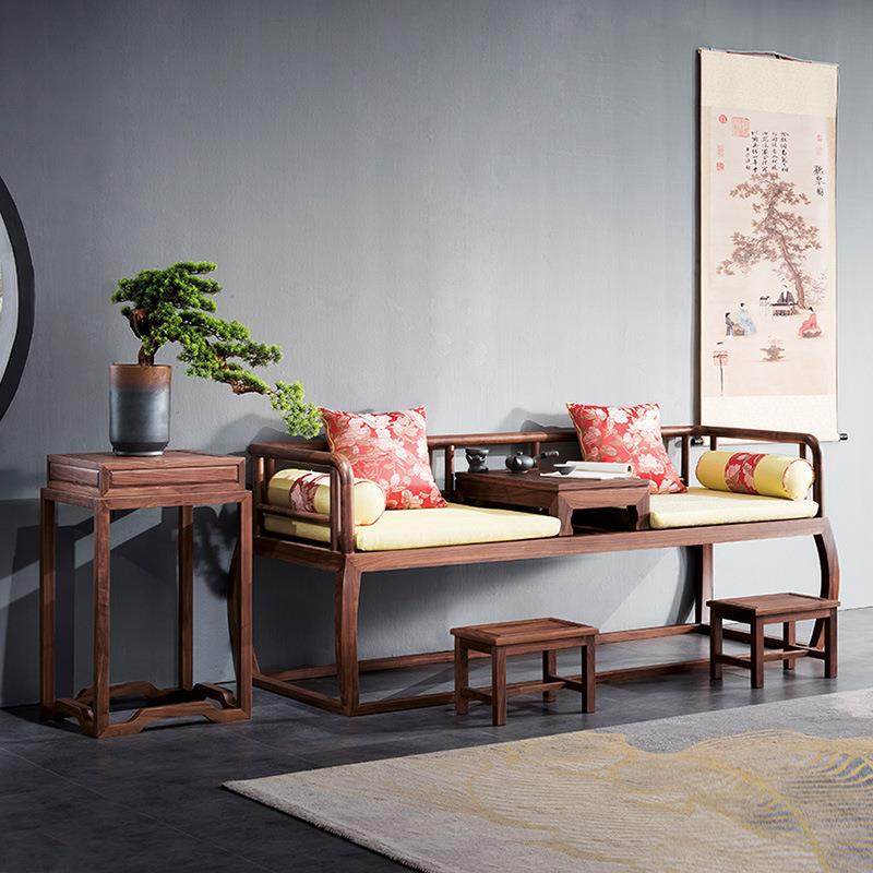 新中式推拉罗汉床客厅茶桌椅组合黑胡桃木茶室客厅休闲双人罗汉椅