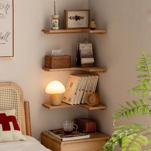 实木墙角置物架多功能墙上免打孔隔板客厅转角搁板三角架挂墙书架