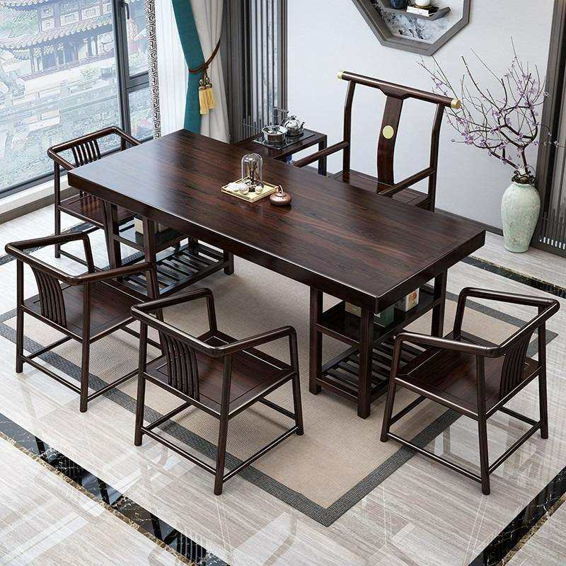 实木大板茶桌椅组合办公室新中式茶桌全套紫檀色茶台功夫泡茶台桌