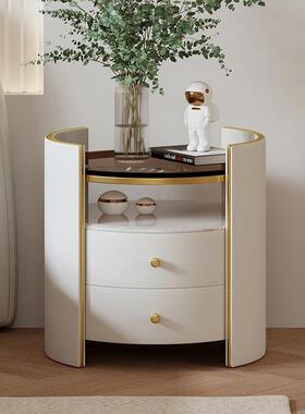 QHM018双抽轻奢奶油风床头柜圆形简约现代卧室床边柜极简岩板茶色