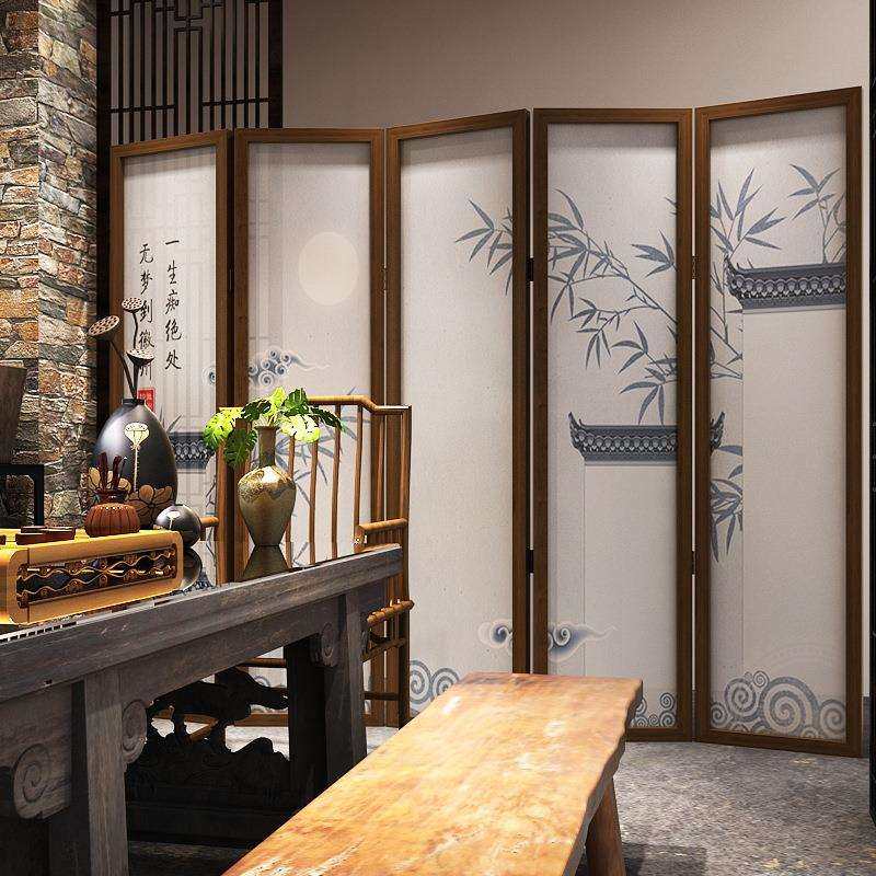 新中式屏风隔断客厅移动入户折叠遮挡茶室装饰复古马头墙竹子折屏