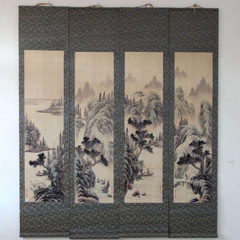 杂件中堂画四条屏字画国画山水画唐寅唐伯虎樵人晚归挂画已装裱