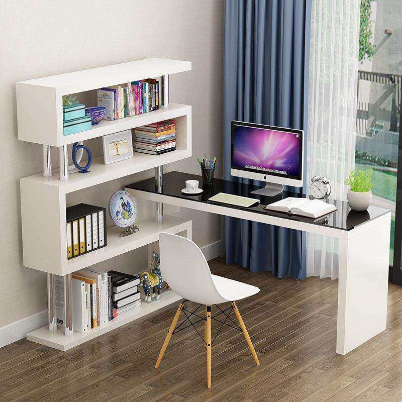 电脑台式桌子简约现代转角书桌书架组合家用办公桌钢化玻璃写字桌