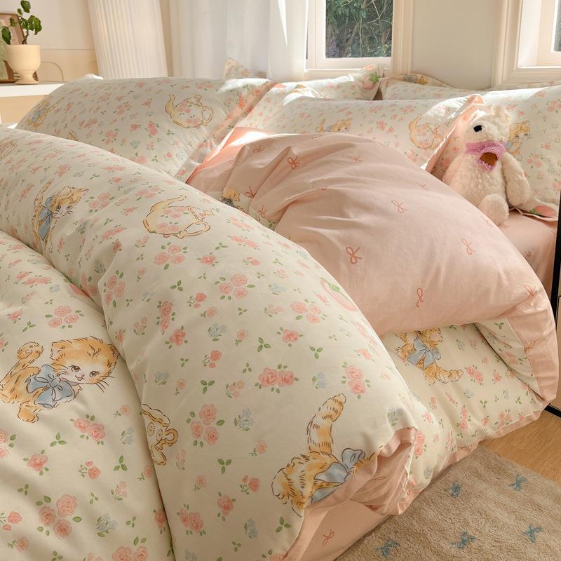 女生可爱纯棉小清新床上四件套100全棉床单被套宿舍三件套床笠款