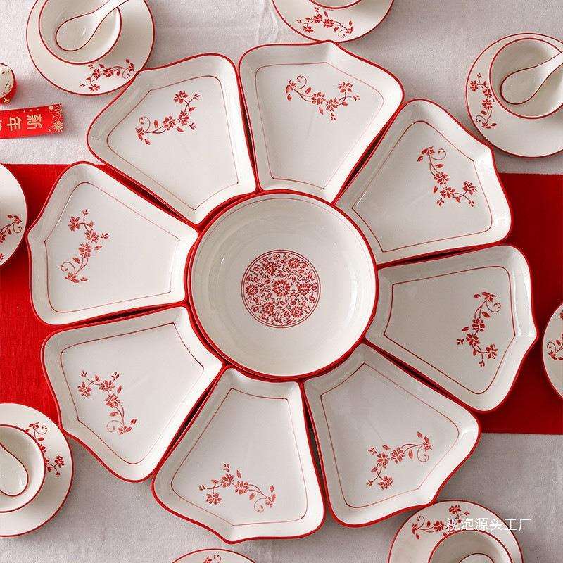 中国红团圆拼盘餐具组合过年陶瓷盘家庭聚餐圆桌碗碟套装乔迁视泡