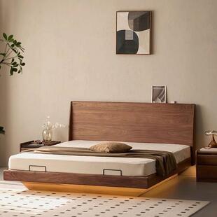 北美黑胡桃全实木悬浮箱体床离地卧室中古1米8双人储物简约气压床