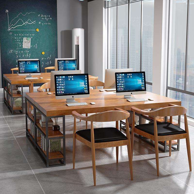 工业风实木创意公司职员办公桌工作室大板4人工位工作电脑桌子