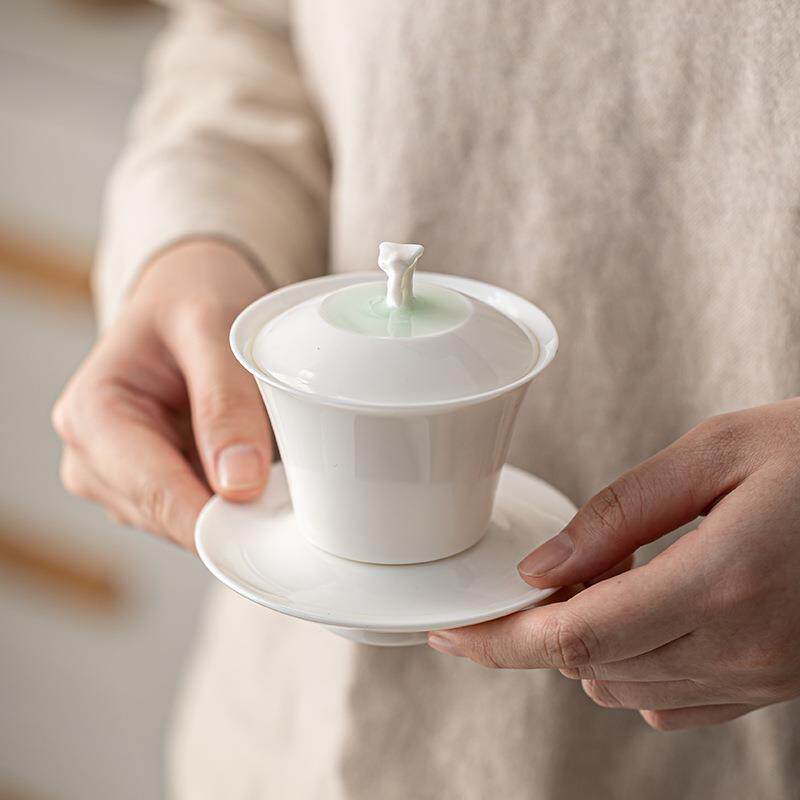 羊脂玉盖碗茶杯家用中式三才盖碗防烫单个大号功夫家用茶具套装