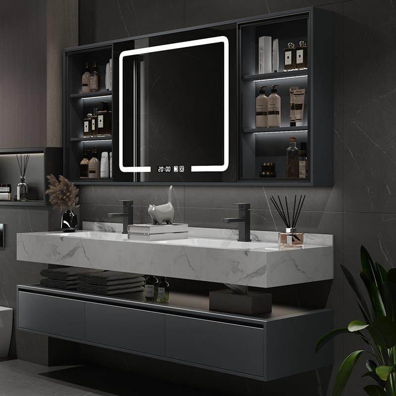 W6岩板陶瓷智能双盆浴室柜组合现代简约卫生间实木洗漱台洗手脸盆