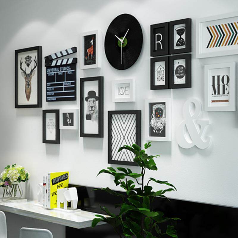 实木_6283_大墙面实木简约照片墙北欧组合相框鹿头装饰画可换相片