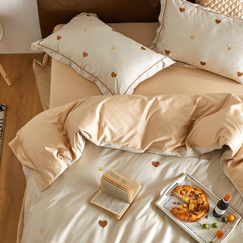 爱心刺绣60支长绒棉数码四件套小清新床上用品1.8米床4件套床单被