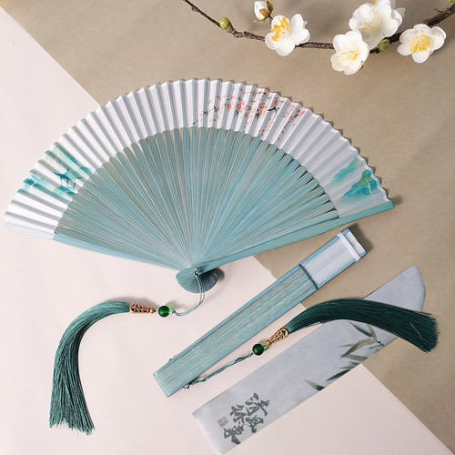 绿色新中式随身古风扇子折扇