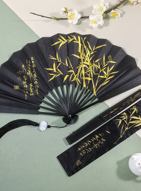 八寸黑色烫金折扇双面扇子古风折叠扇耐用绢布扇中国风扇男女通用