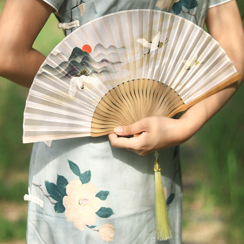 随身便携古风女扇仙鹤中国风竹扇