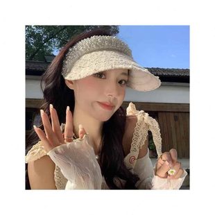 韩版 防晒帽女子夏季 空顶太阳帽遮阳帽沙滩珍珠户外防紫外线蕾丝潮