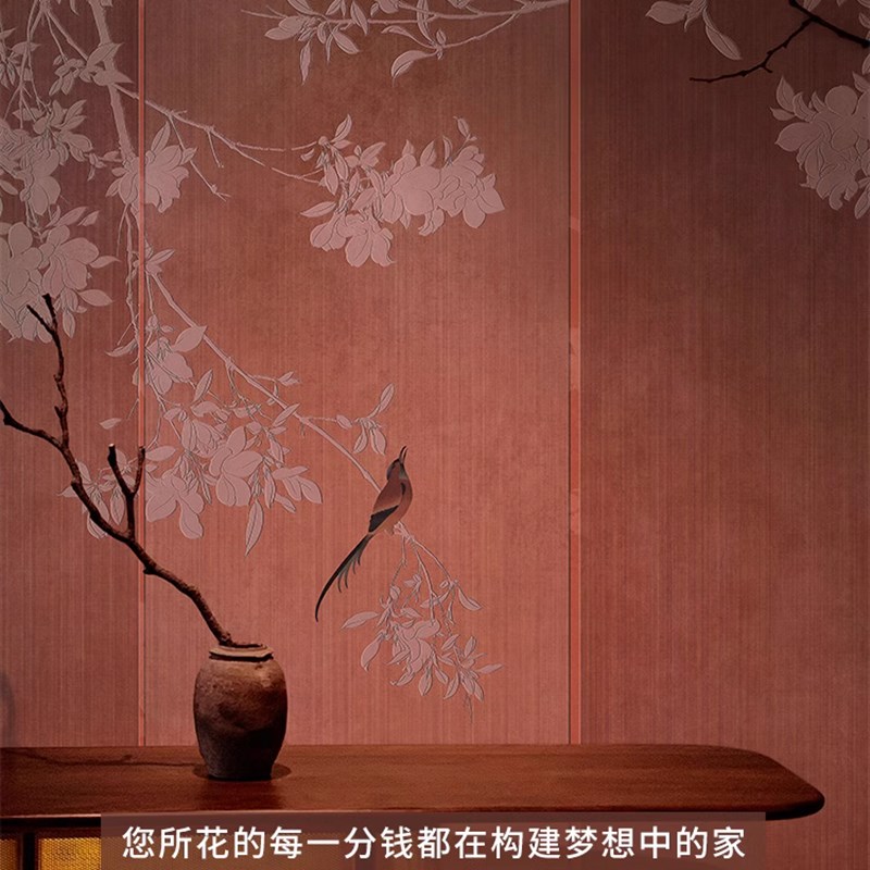 中式古风花鸟壁纸客厅轻奢墙纸客厅卧室床K头背景墙无纺布定制壁