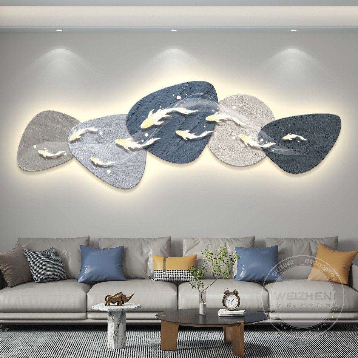 led带灯轻奢九鱼图客厅装饰画沙发背景墙挂画壁画简约现代高级感,家居饰品,现代装饰画,淘宝优惠券,粉丝福利购,淘宝优惠卷