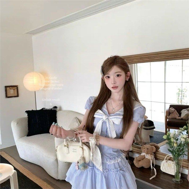 迟伞伞 25/ss 薄荷雨 蓝条纹水手海军领蝴蝶结上衣+短裙套组,模玩/动漫/周边/娃圈三坑/桌游,lolita洛丽塔连衣裙,淘宝优惠券,粉丝福利购,淘宝优惠卷