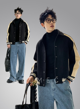 TMC春季美式复古棒球服男女撞色拼接皮夹克外套厚实流行潮设计感