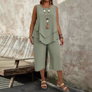 Women Color Round Neck Sleeveless Two Set Casual Seasons