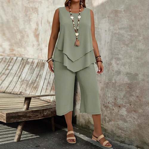 Women Color Round Neck Sleeveless Two Set Casual Seasons