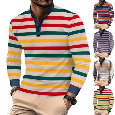 Men Autumn Fitted Sleeve Henley Polo Shirt Button Multi