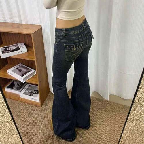 Women Bell Bottom Jeans Y2K 90s Mid Waist Streetwear