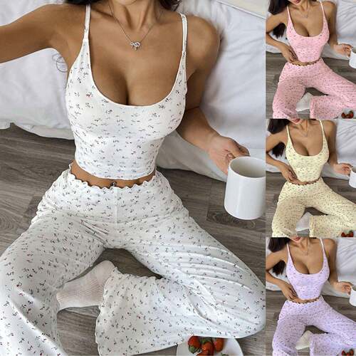 Floral Print Women Strap Sleepwear Set Round Neck Sexy