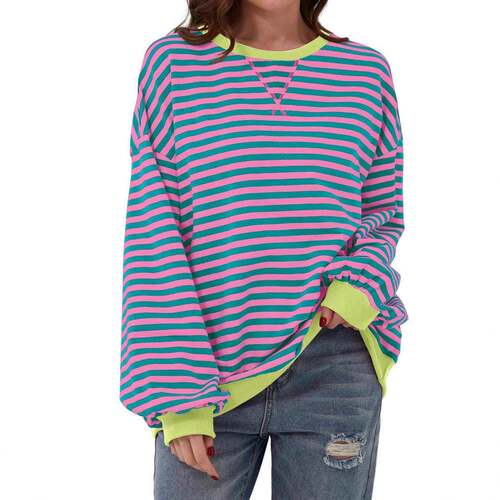 Women Casual Crew Neck Stripe Color Matching Sleeve
