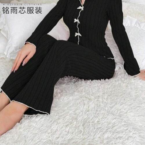 Women Casual Everyday Fitted Knit Straight Leg Pants Set