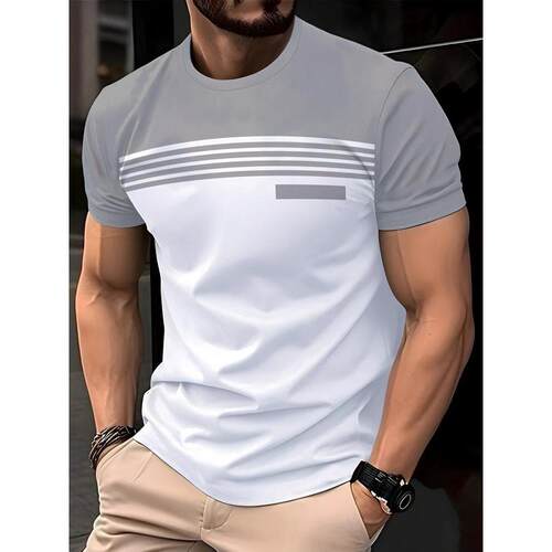 Men casual shirt sleeves crew neck striped print lightweight