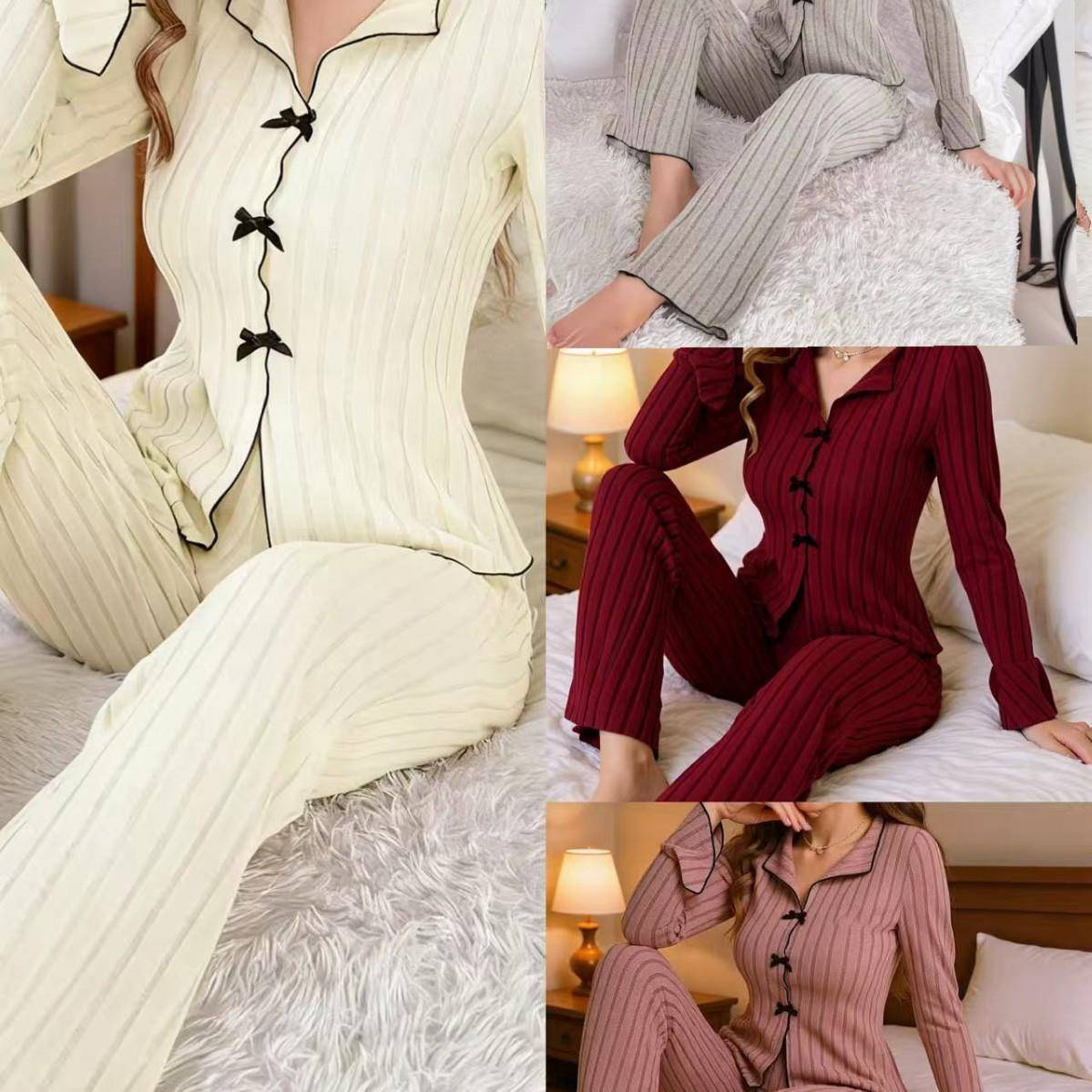 Women Fleece Comfortable Casual Set Clothes Bow Ruffle Fall