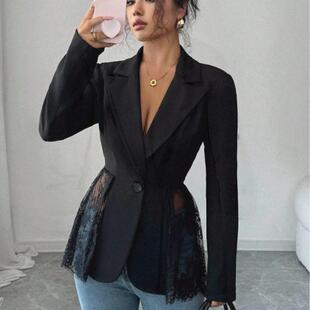 Women Lace Patchwork Slim Sleeve Blazer Jacket Dates Parties