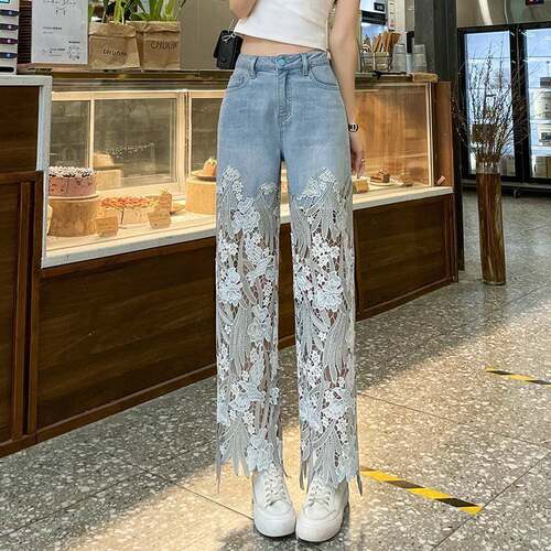 Waist Leg Lace Jeans Women Stretchy Rhinestone Black Pants