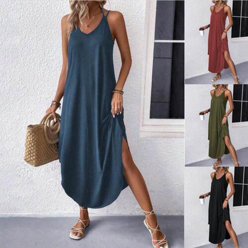 Women Cami Maxi Dress V Neck Spaghetti Strap Asymmetrical