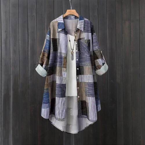 Women Plaid Print Sleeve Buttoned Collared Shirt Blouse Tops