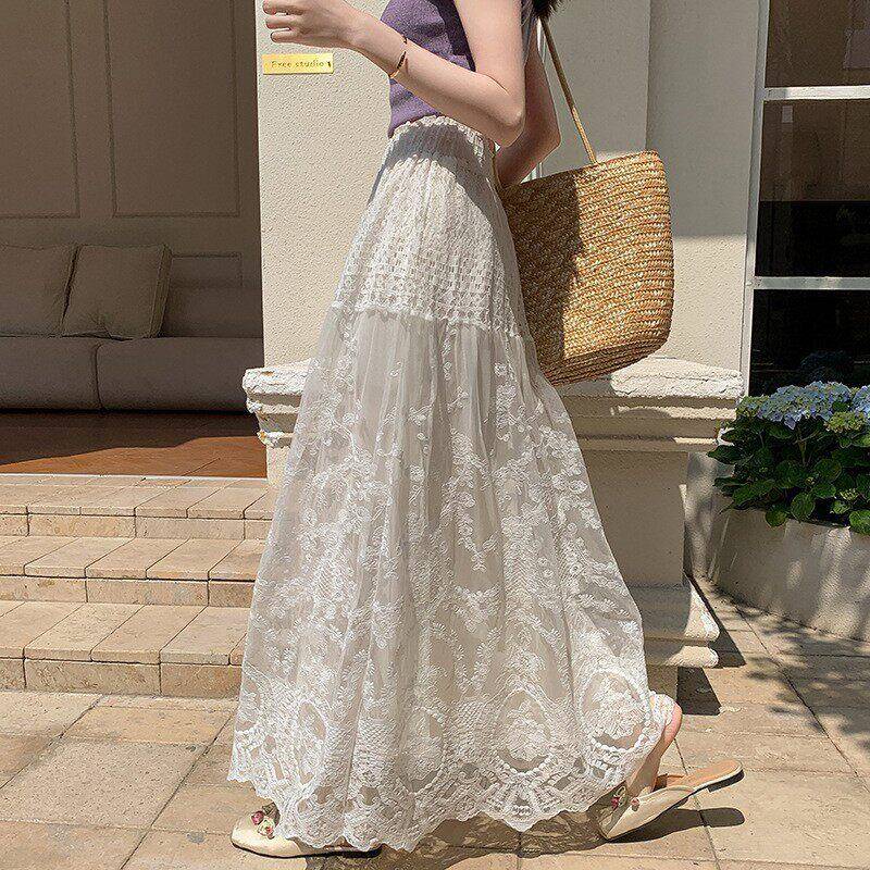 Lace Summer Elastic Waist Midi Skirt Lazy Print Casual