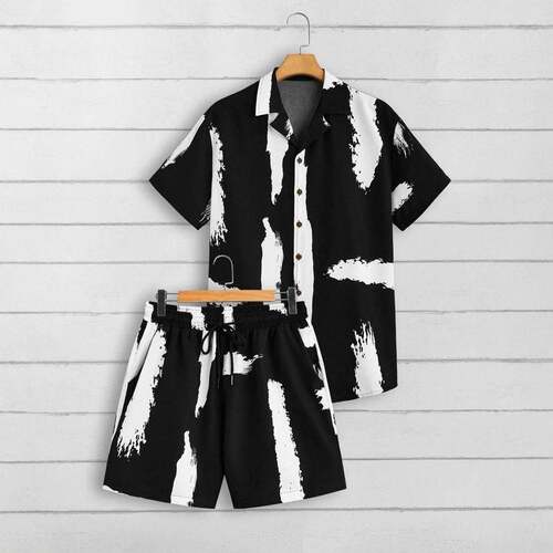 Men Tropical Plants Print Shirt Shorts Two Set Casual Sleeve