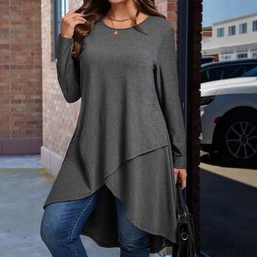 Asymmetrical Wrap Hem Tee Casual Sleeve Round Neck Fitted
