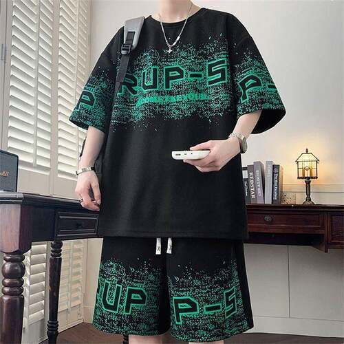 Men summer crew neck shirt shorts set adjustable drawstring