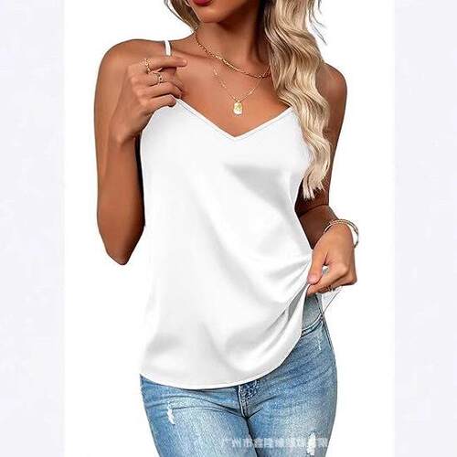 Women Tank Asymmetrical Split Hem Slimming Elastic V Neck