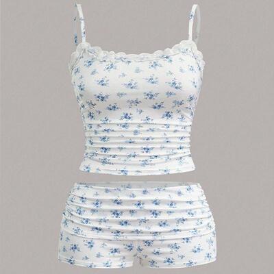 Two Set Women Ditsy Floral Print Crop Spaghetti Strap Cami