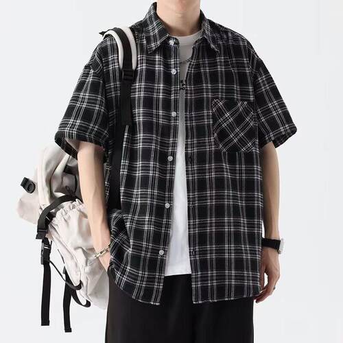 Men Sleeve Plaid Shirt Turn Collar Casual Versatile Pocket