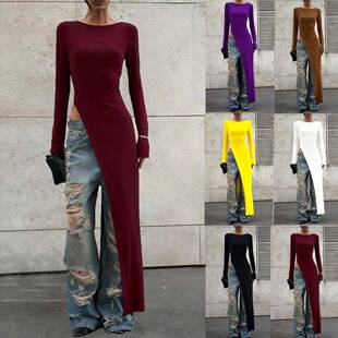 Women Plain Asymmetrical Split Hem Longline Casual Slim