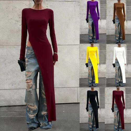 Women Plain Asymmetrical Split Hem Longline Casual Slim