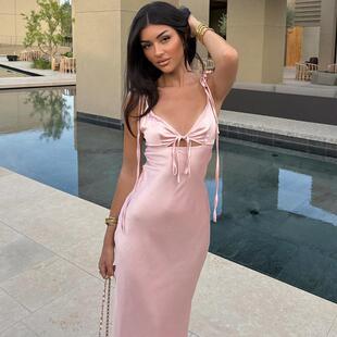 Women Plain Cut Out Backless Sleeveless Cami Dress Knot