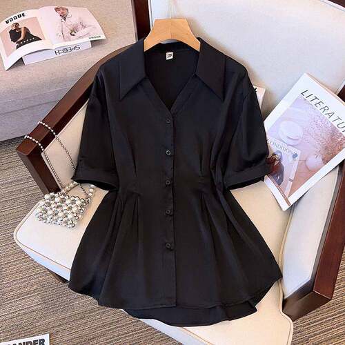 Women Tummy Control Peplum Blouse Puff Sleeve Button Shirt
