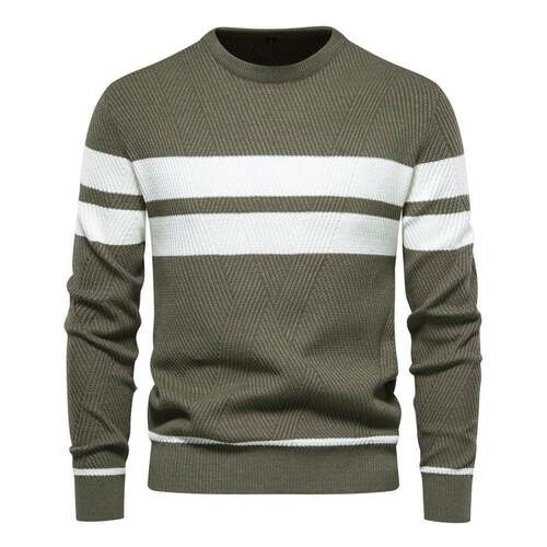 Men Casual Crew Neck Knit Pullover Sweater Sleeve Colorblock